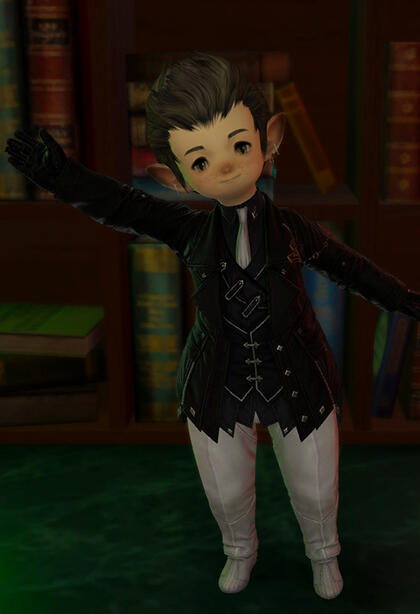 An image of a male plainsfolk lalafell named Nanamai Ponamai, owner and bartender at The Frog Pond. He is waving at the camera.